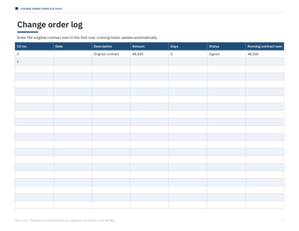 Preview of Printable Change Order Log