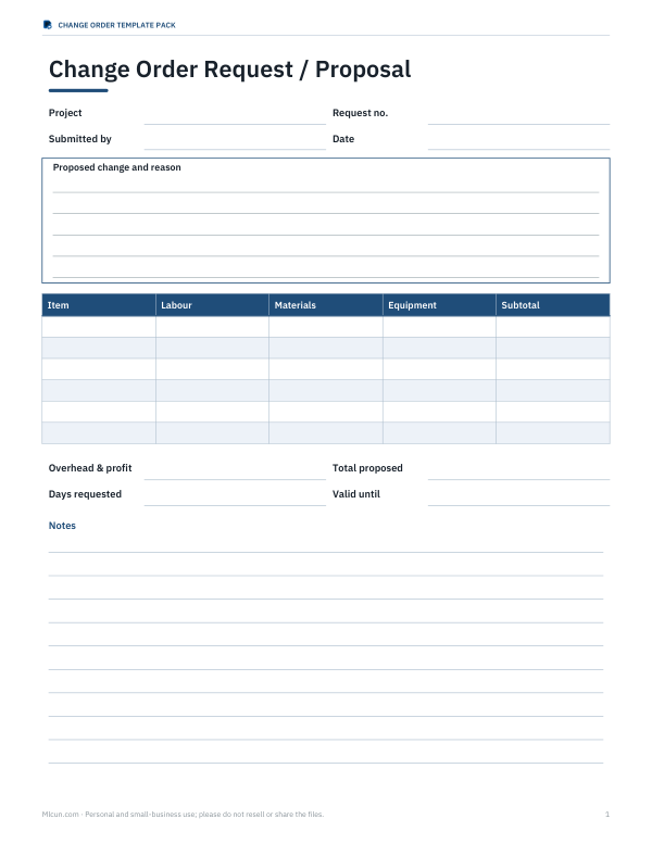 Preview of Change Order Request Form